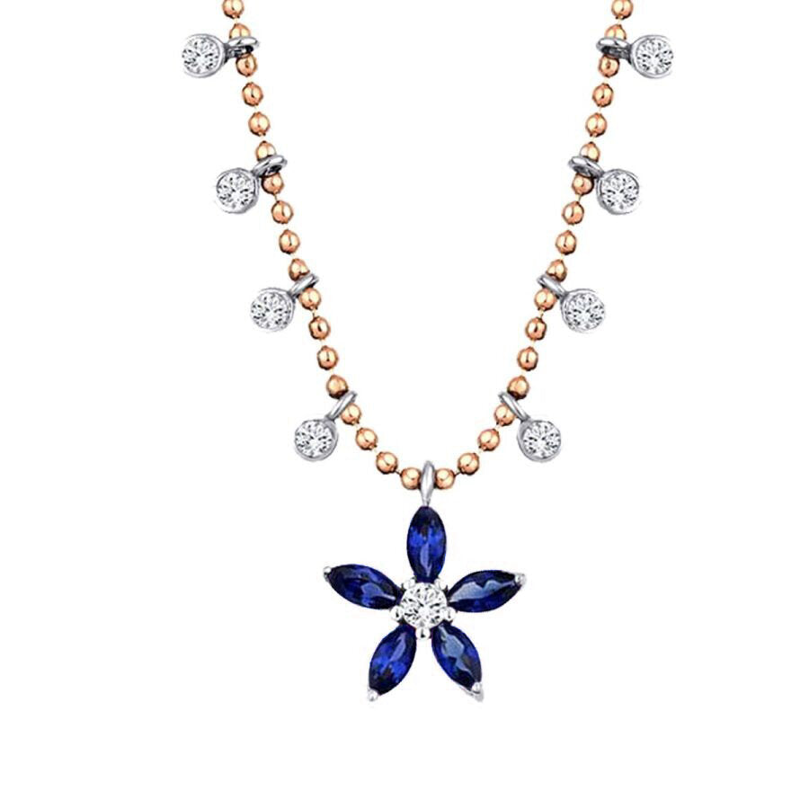 0.80 Carat Diamond Sapphire Flower Necklace