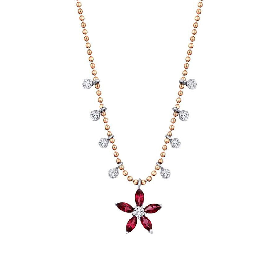 0,73 Carat Diamond Ruby Flower Necklace