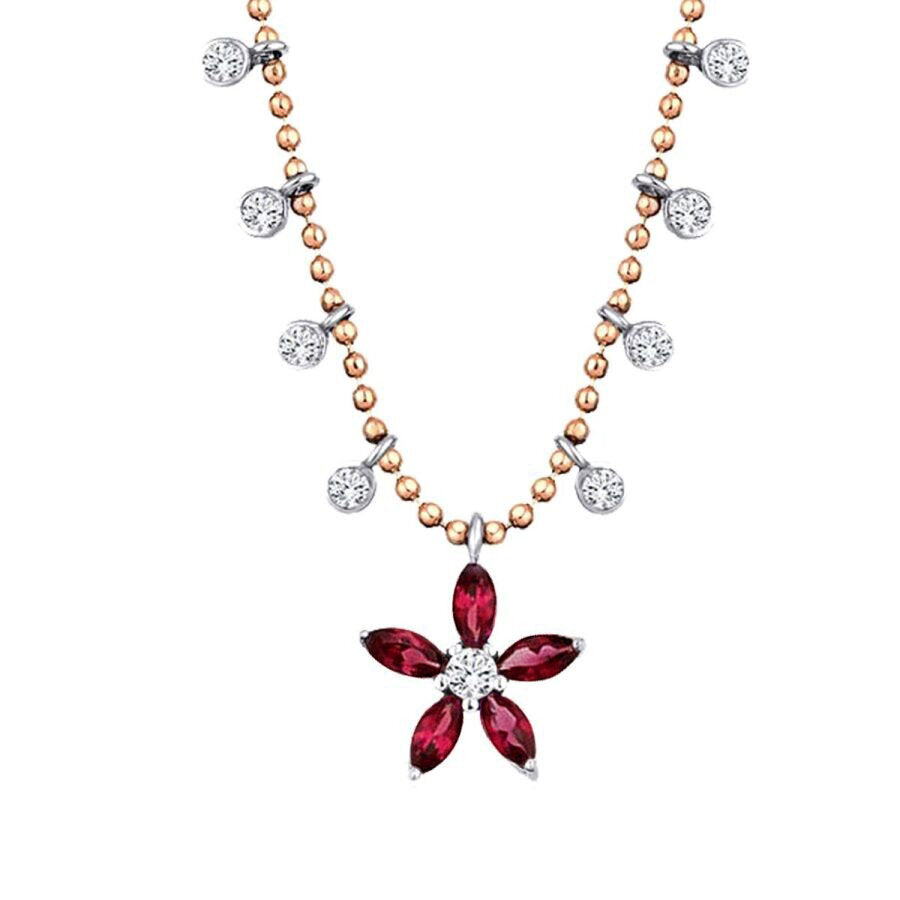 0,73 Carat Diamond Ruby Flower Necklace