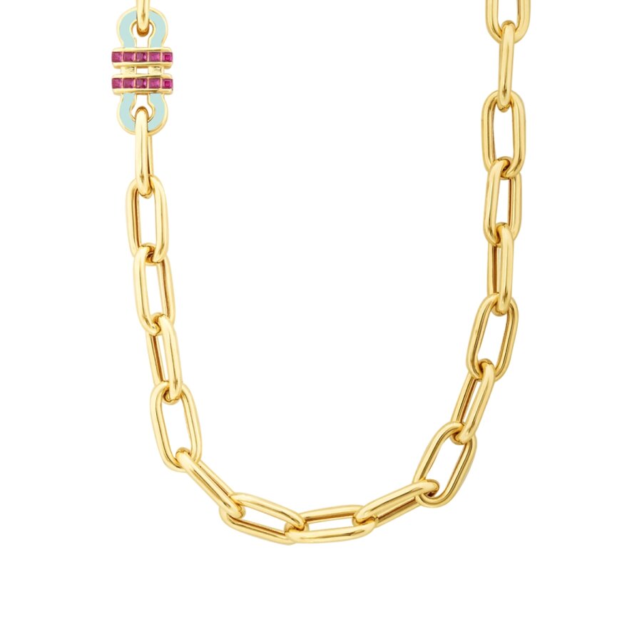 Gold Fuschia Stone Trend Chain Necklace