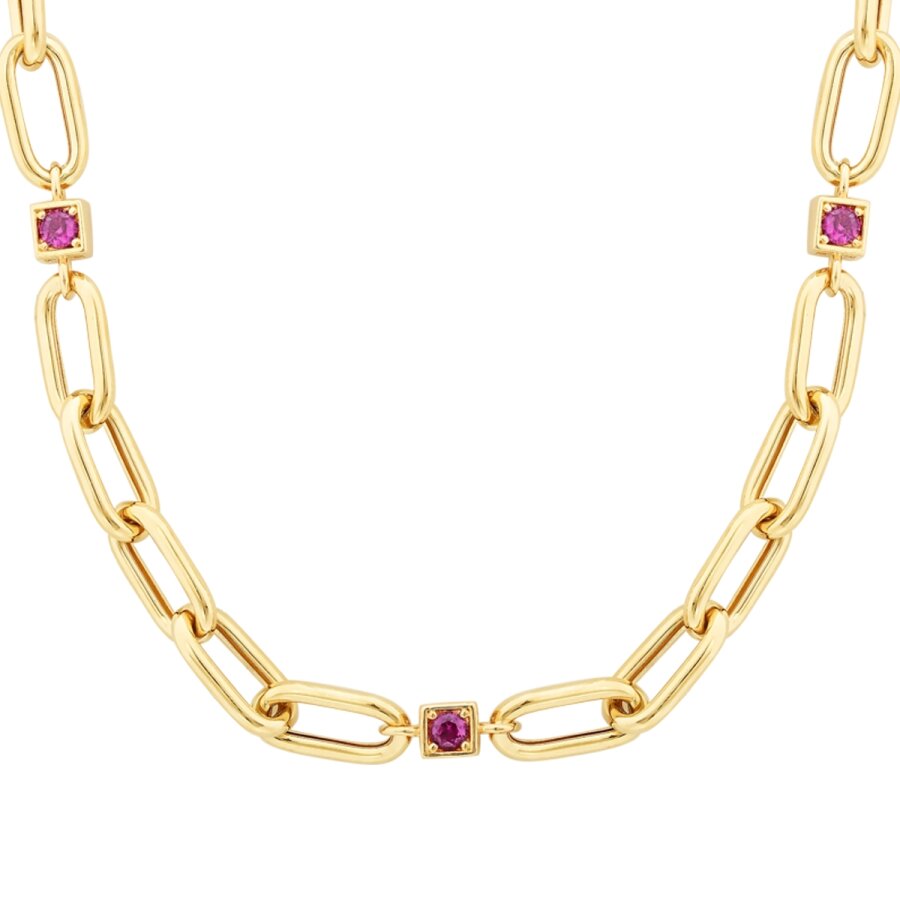 Gold Fuschia Stone Detailed Chain Necklace