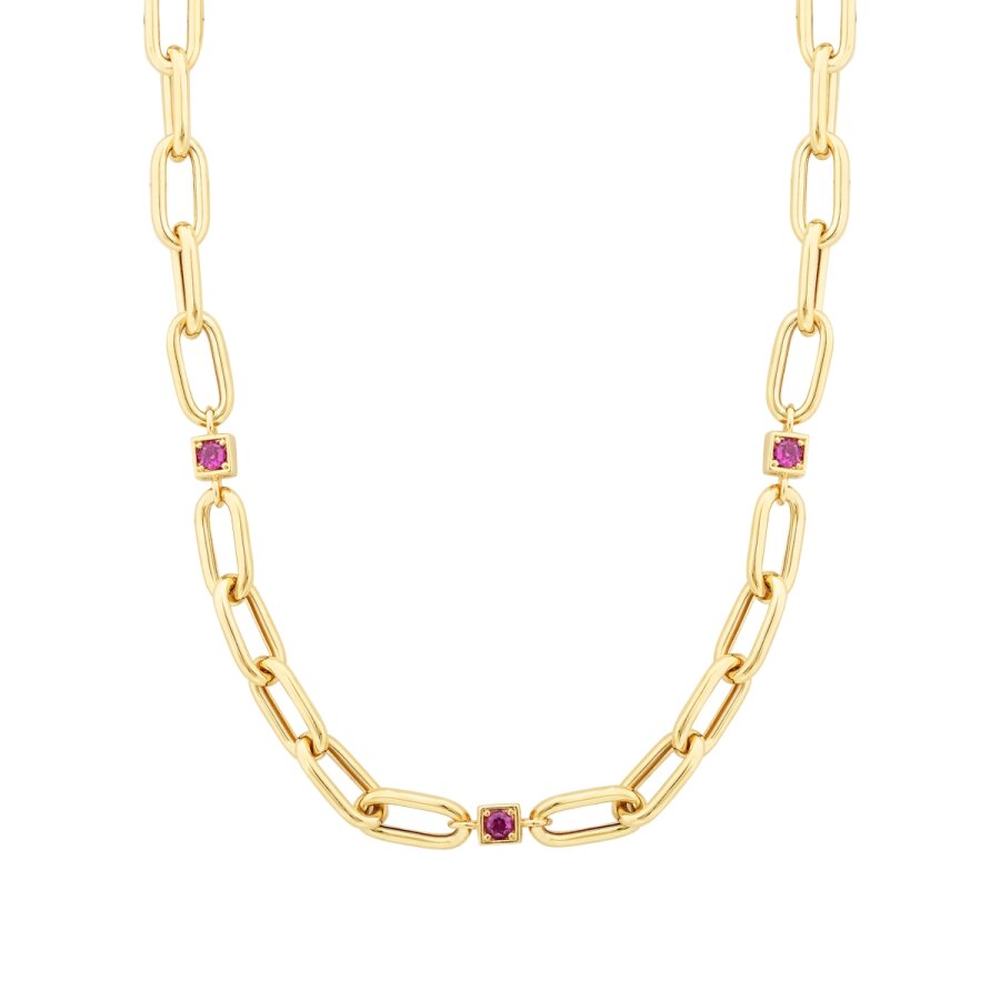 Gold Fuschia Stone Detailed Chain Necklace