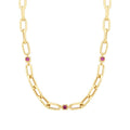Gold Fuschia Stone Detailed Chain Necklace