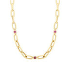 Gold Fuschia Stone Detailed Chain Necklace