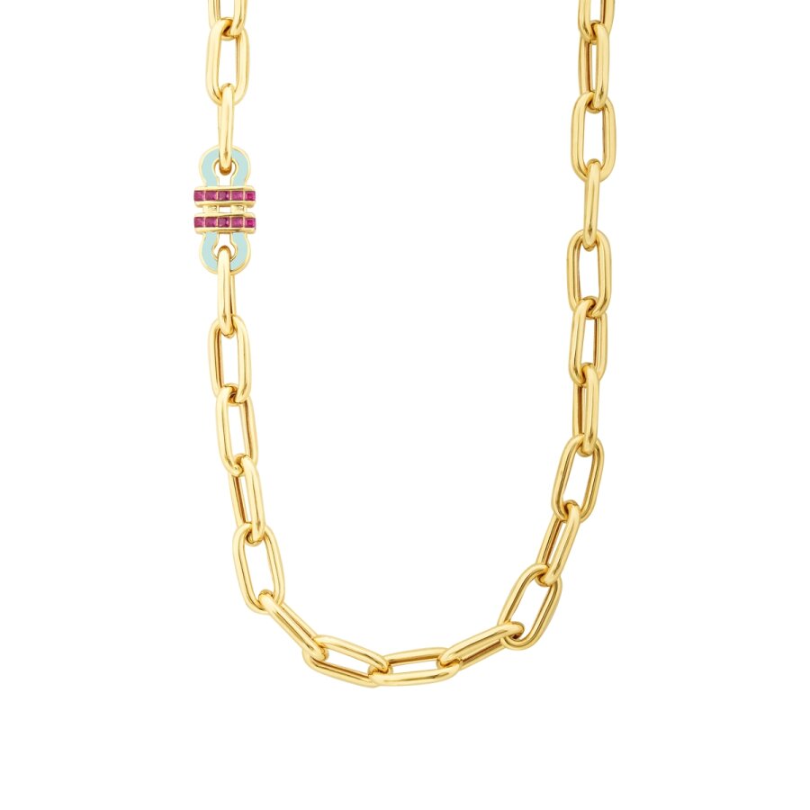 Gold Fuschia Stone Trend Chain Necklace