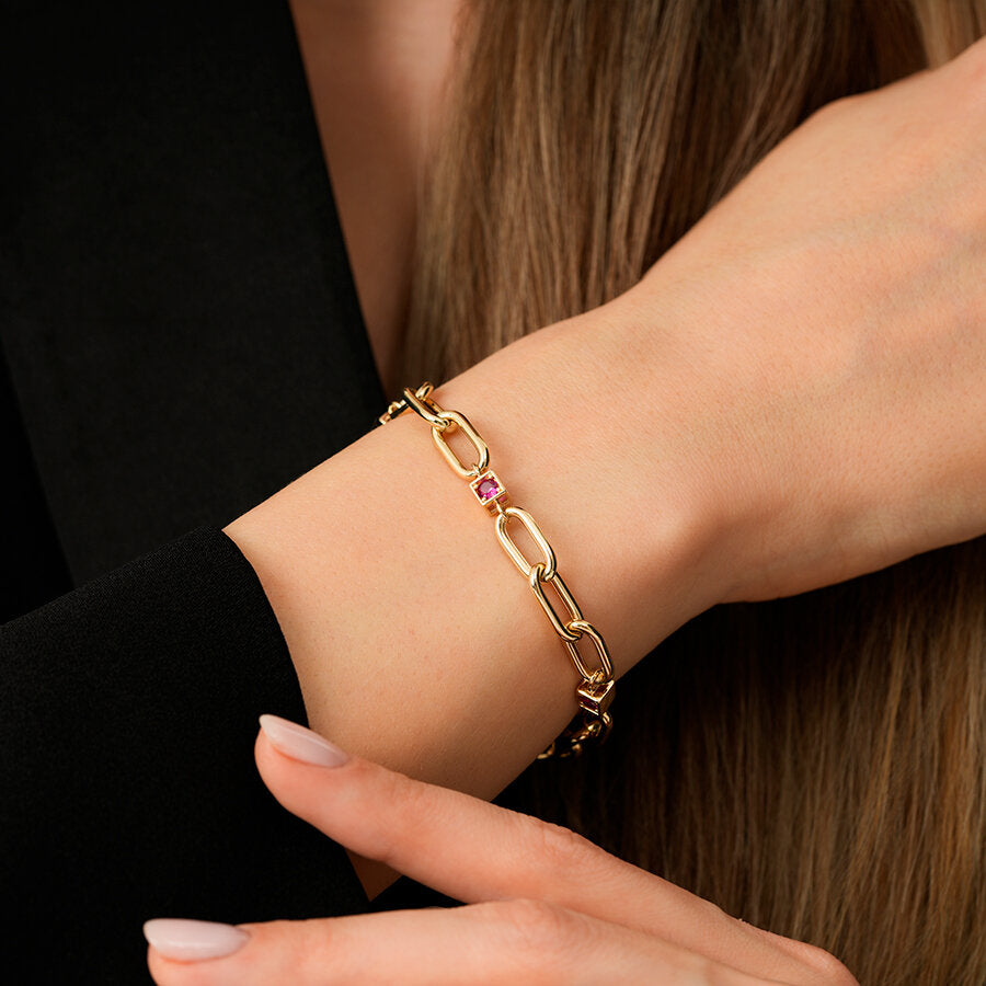 Gold Fuchsia Stone Chain Bracelet