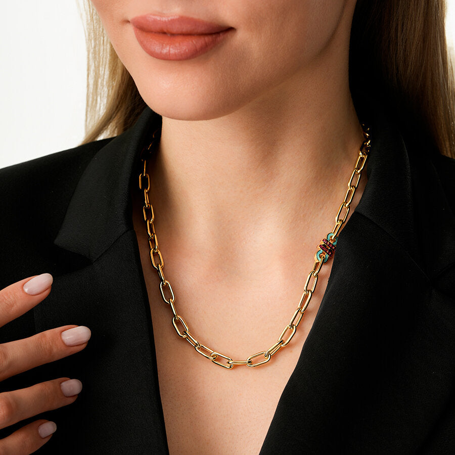 Gold Fuschia Stone Trend Chain Necklace