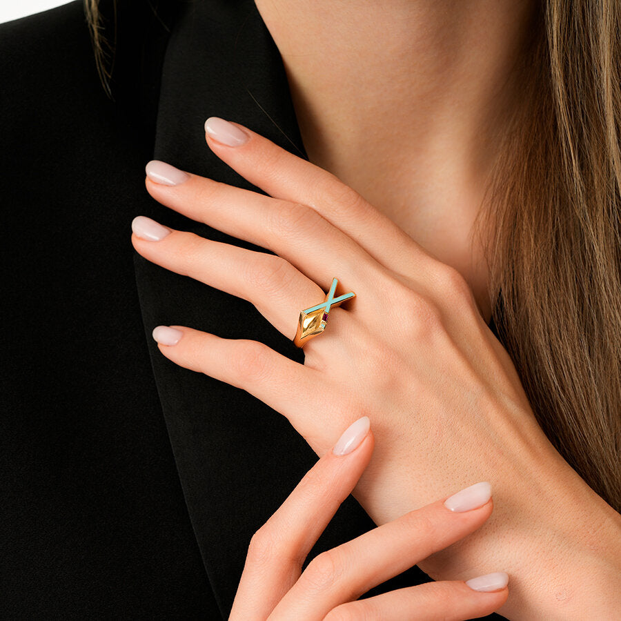 Gold Stone Geometric Blue Ring