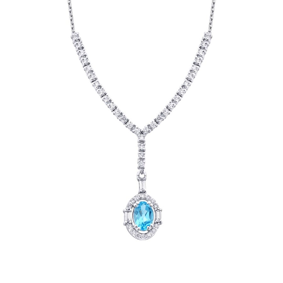 0,98 Carat Diamond Blue Topaz Baguette Necklace