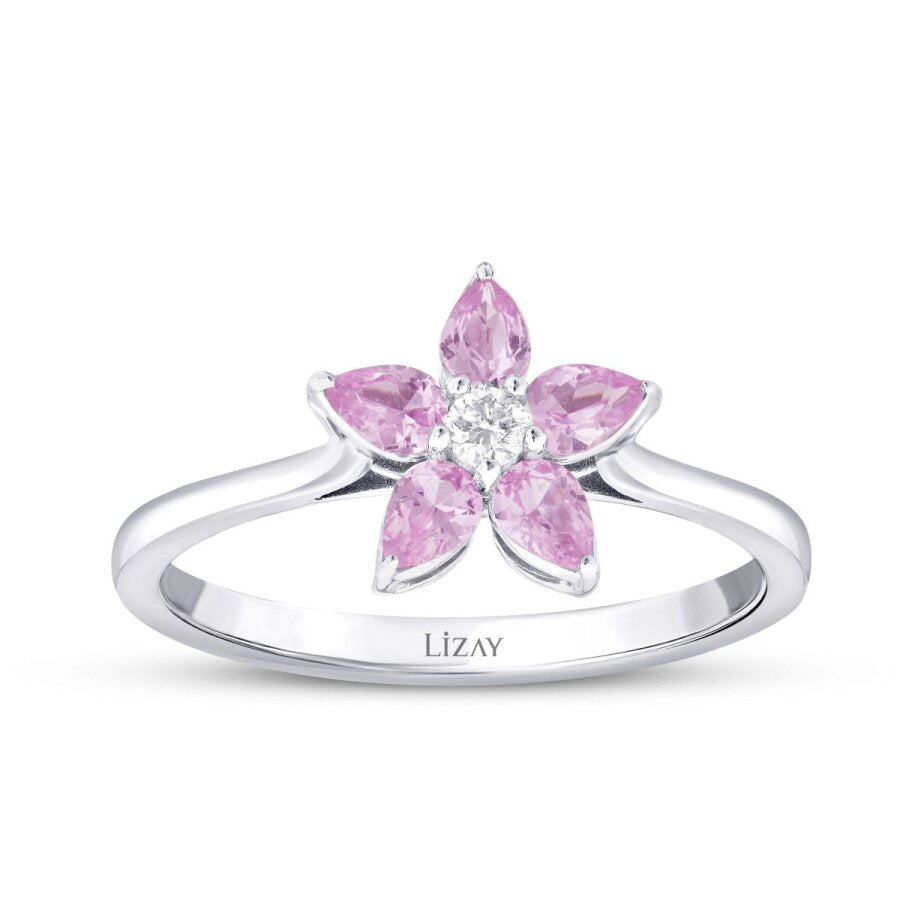 0,56 Carat Diamond Pink Sapphire Flower Ring