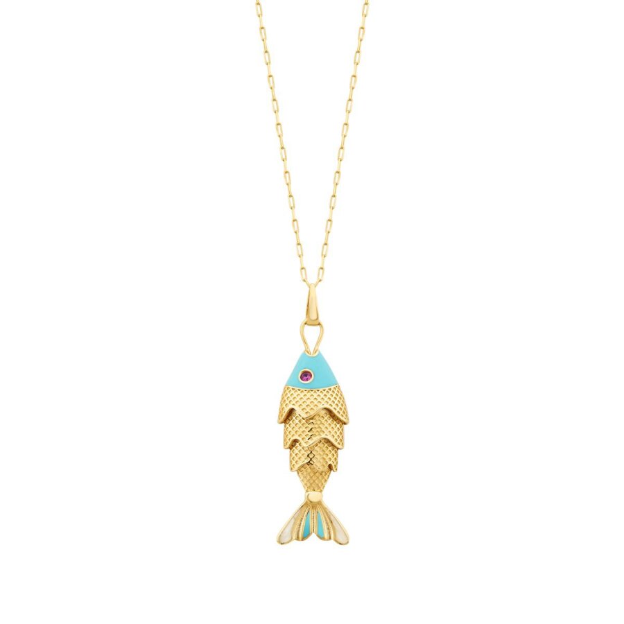 Gold Blue Enamel Fish Trend Necklace
