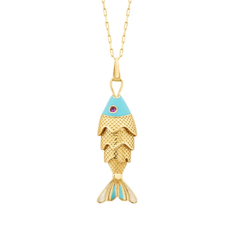Gold Blue Enamel Fish Trend Necklace