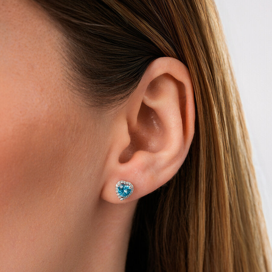 1,28 Carat Diamond Blue Topaz Heart-Shaped Earrings