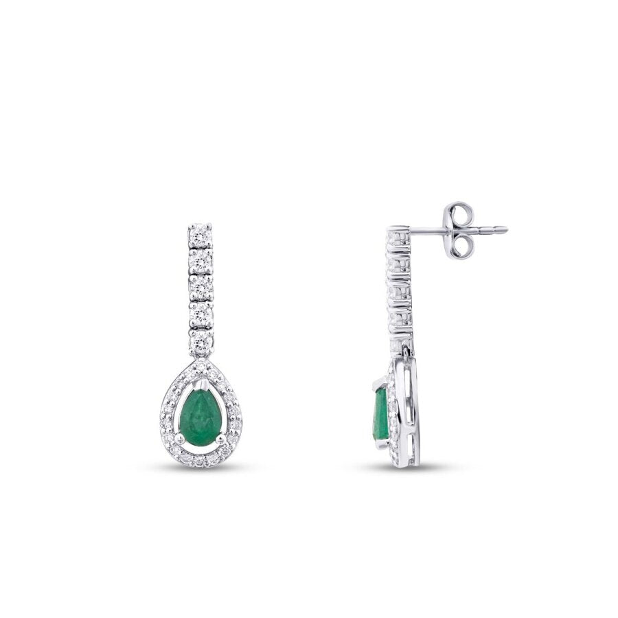 1,40 Carat Diamond Pear Emerald Earrings