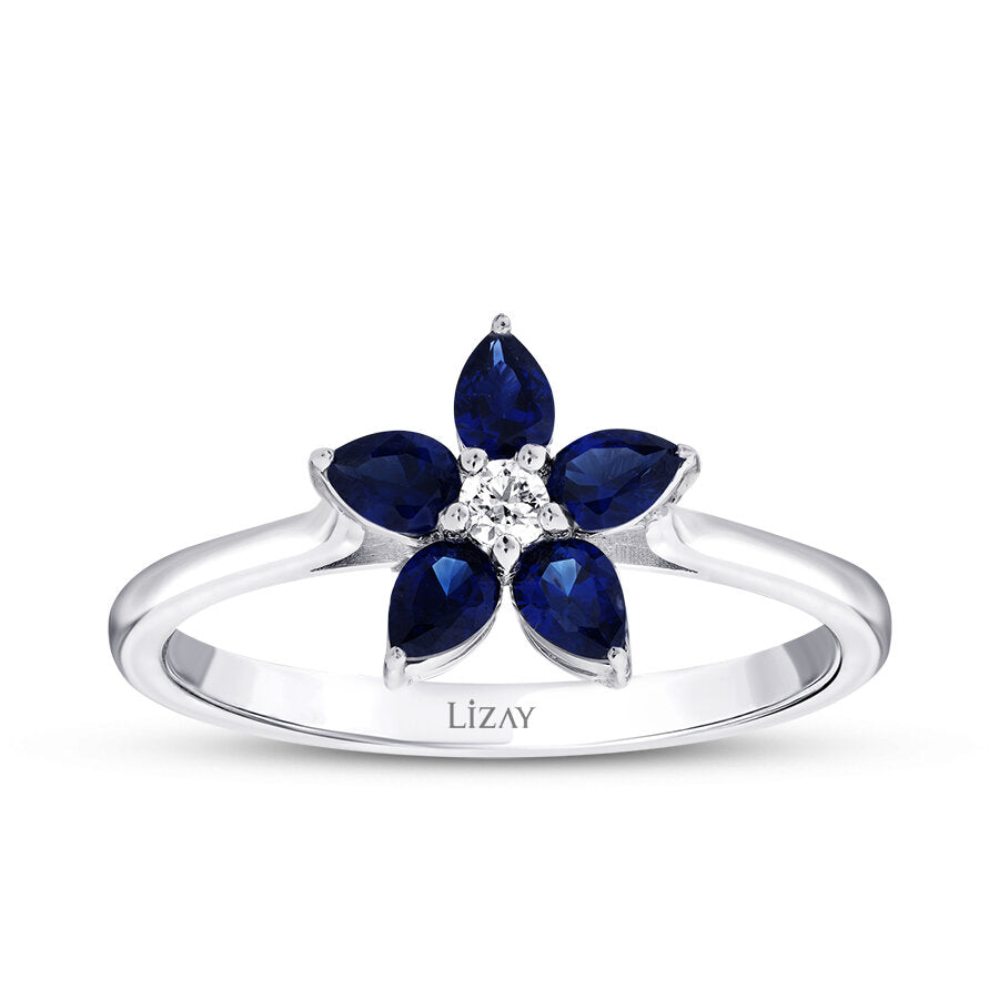 0,56 Carat Diamond Pear Sapphire Flower Ring