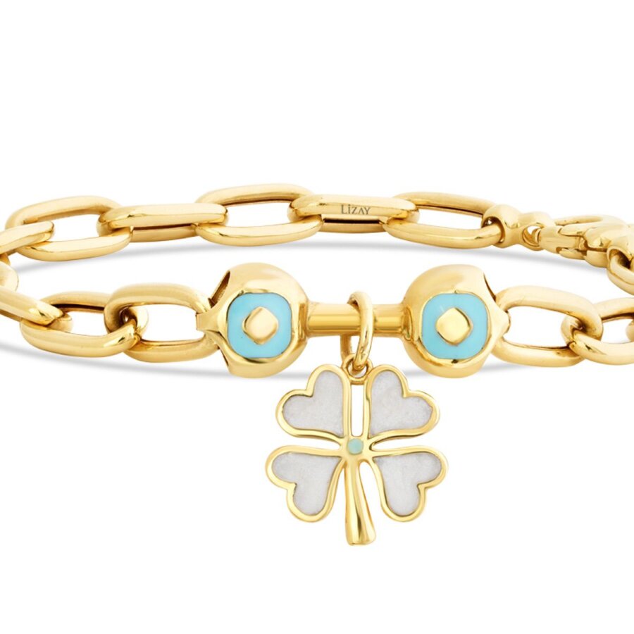 Gold White and Blue Enamel Clover Bracelet