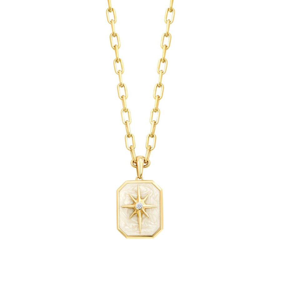 Gold Stone White Enamel North Star Plate Necklace