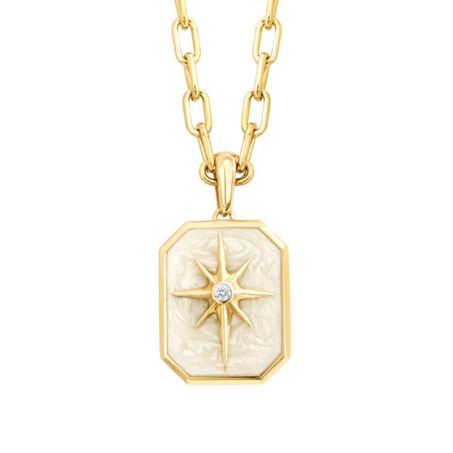 Gold Stone White Enamel North Star Plate Necklace