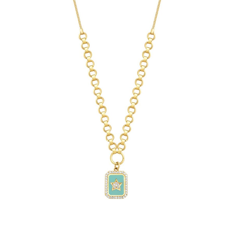 Gold Stone Blue Enamel Star Plate Necklace