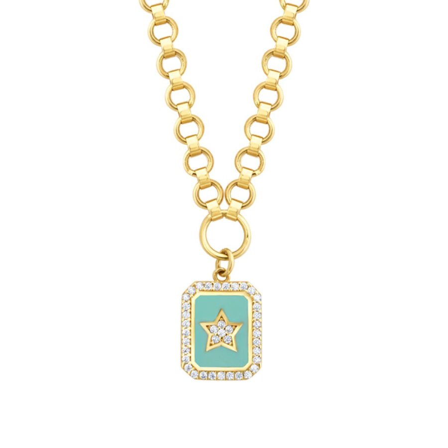 Gold Stone Blue Enamel Star Plate Necklace