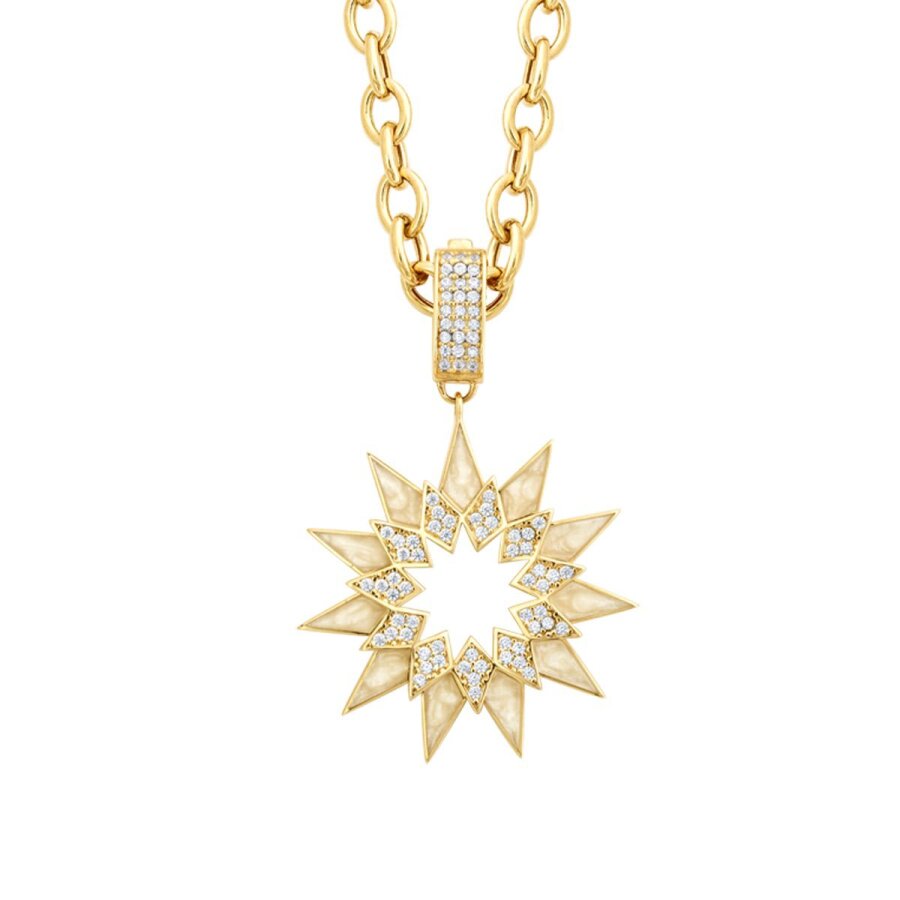 Gold Stone White Enamel Sun Necklace