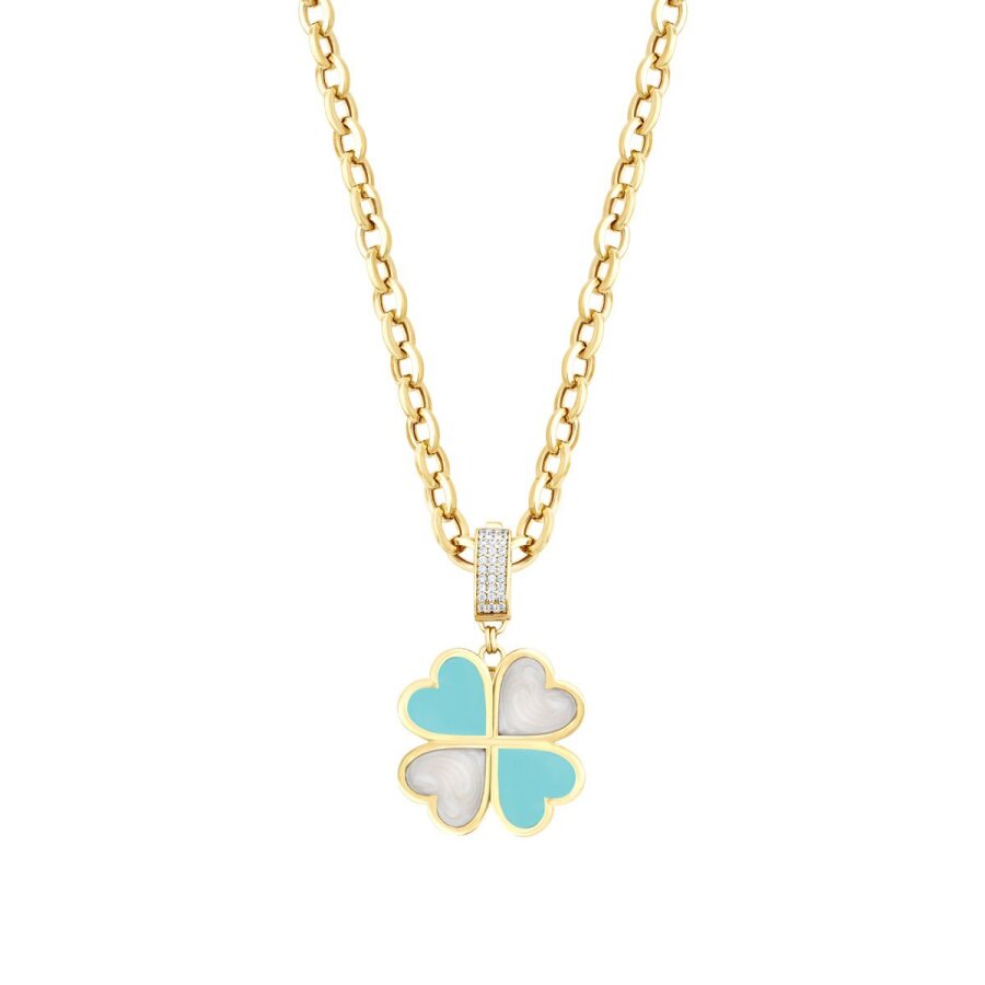 Gold Clover White and Blue Enamel Necklace