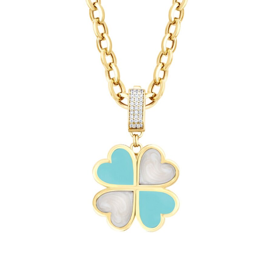 Gold Clover White and Blue Enamel Necklace
