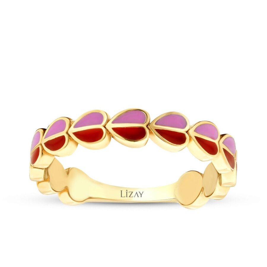 Gold Red and Pink Enamel Heart Ring