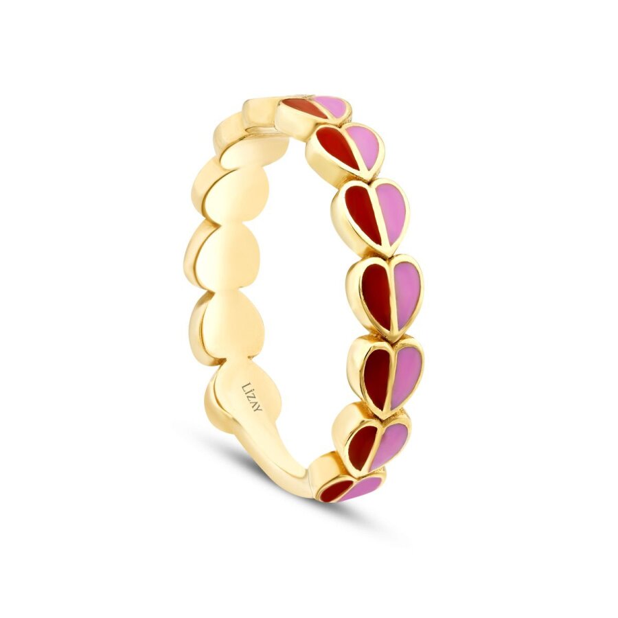 Gold Red and Pink Enamel Heart Ring