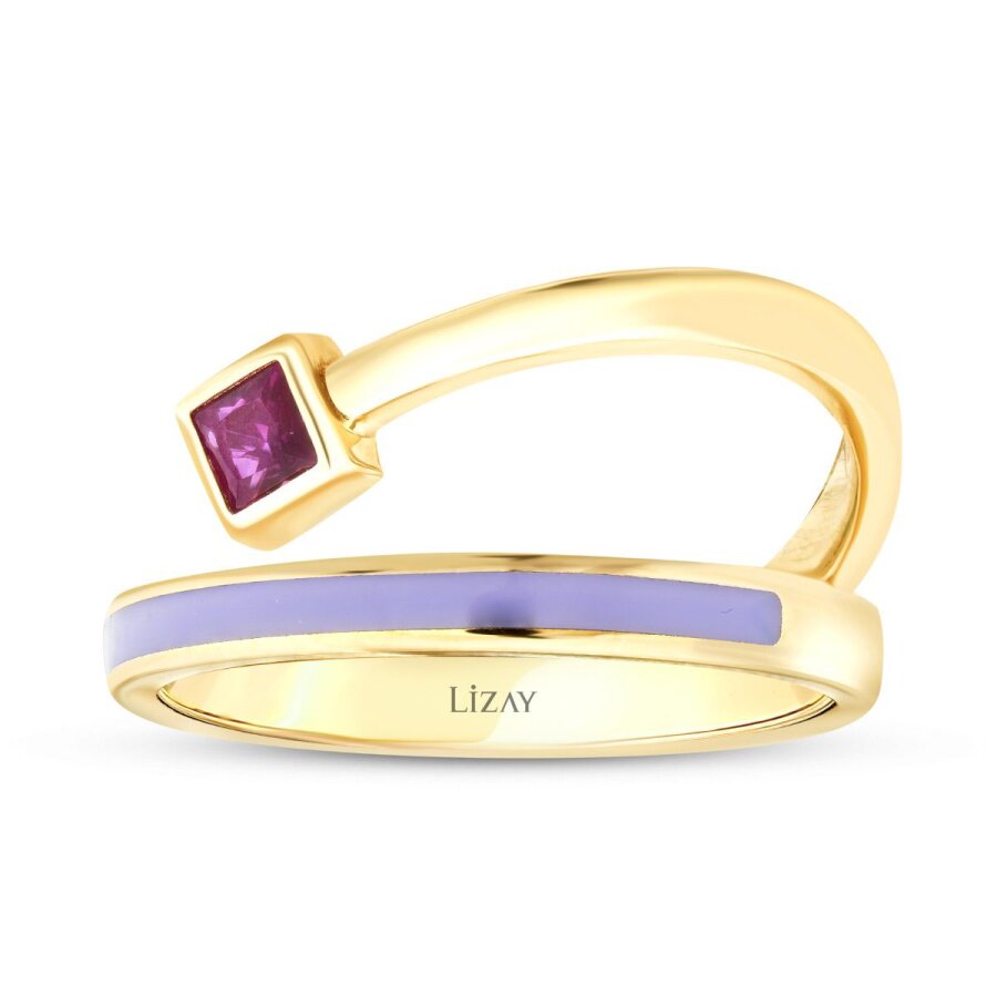 Gold Fuchsia Stone Purple Enamel Trend Ring