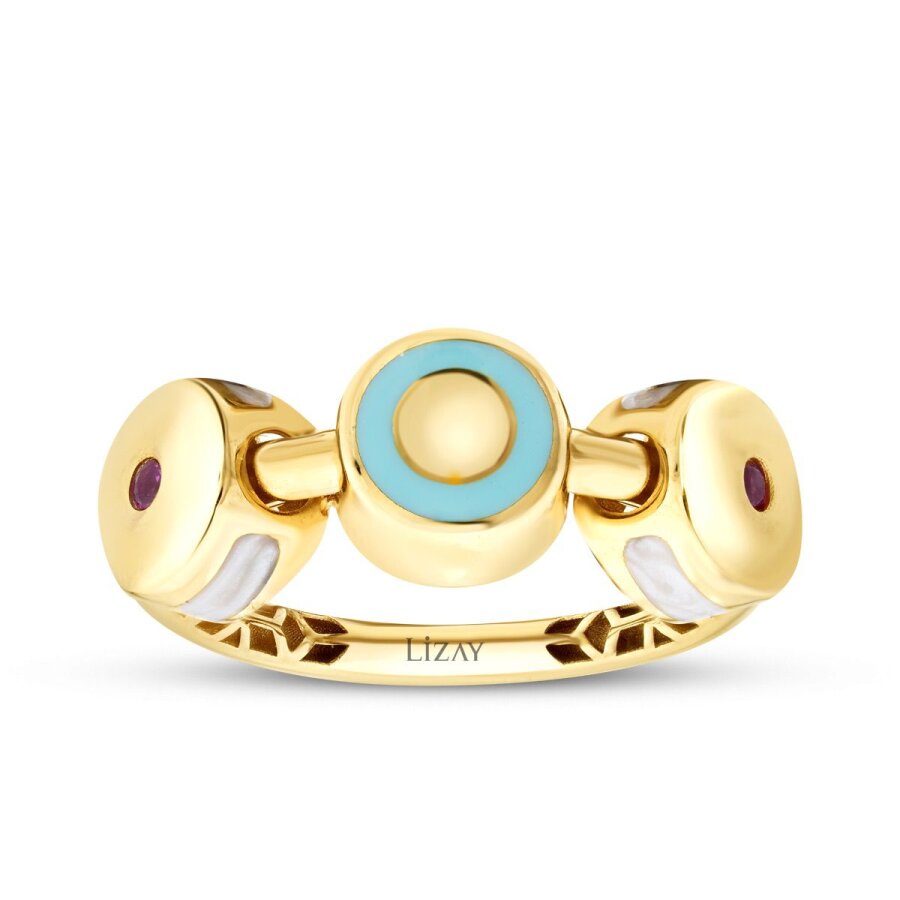 Gold Fuchsia Stone White and Blue Enamel Trend Ring
