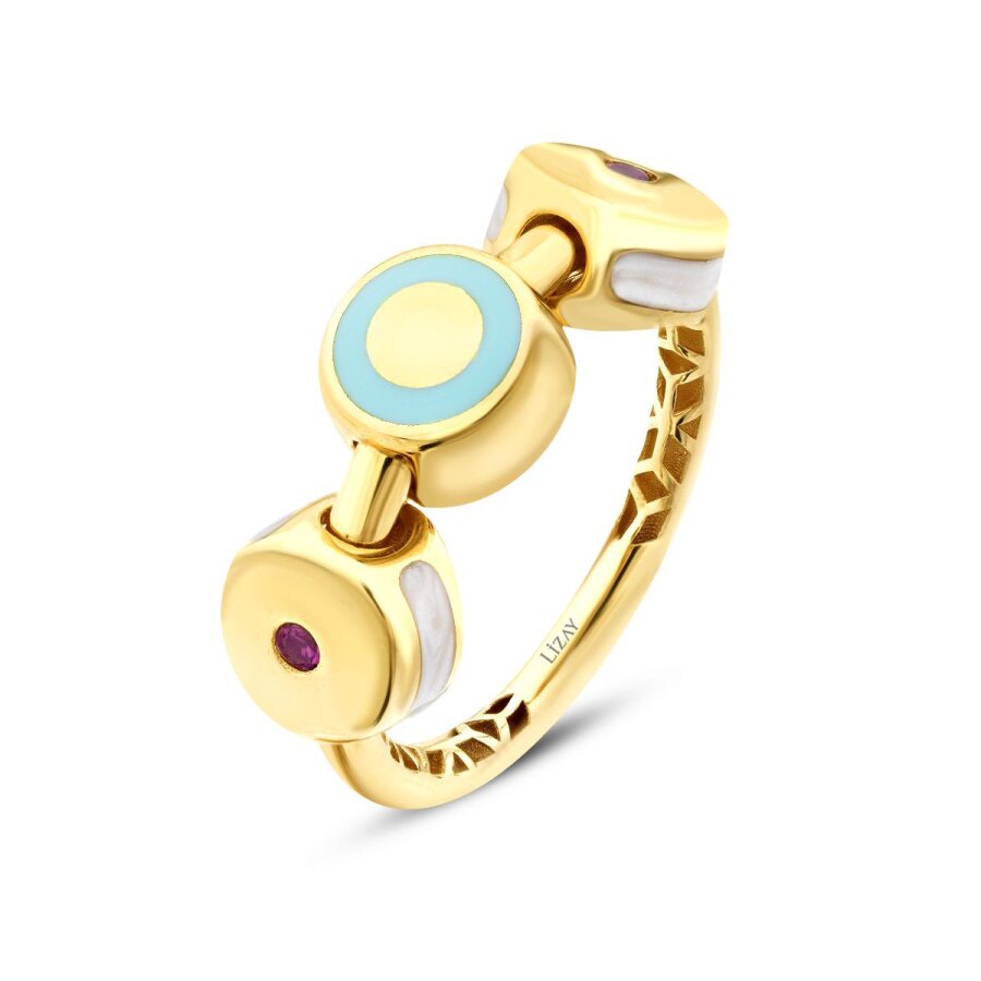 Gold Fuchsia Stone White and Blue Enamel Trend Ring