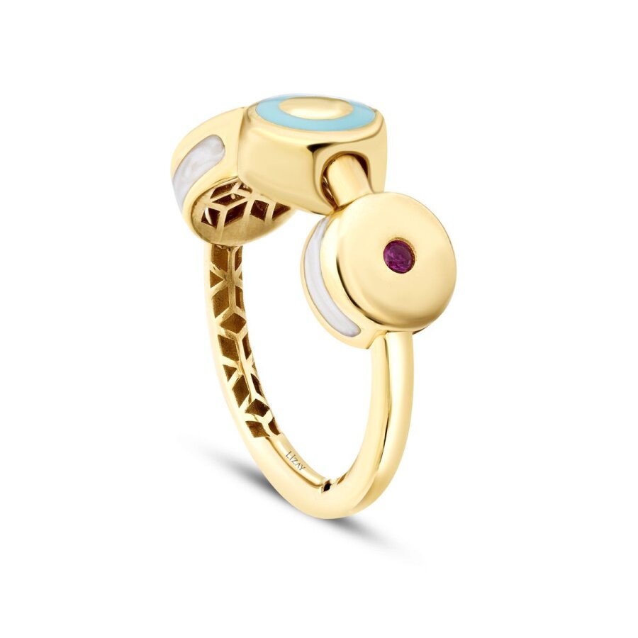 Gold Fuchsia Stone White and Blue Enamel Trend Ring