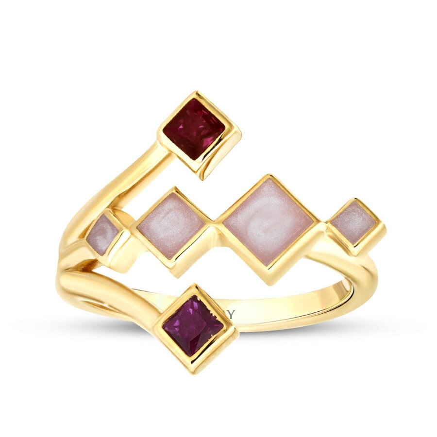 Gold Fuschia Stone White Enamel Geometric Trend Ring