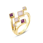 Gold Fuschia Stone White Enamel Geometric Trend Ring