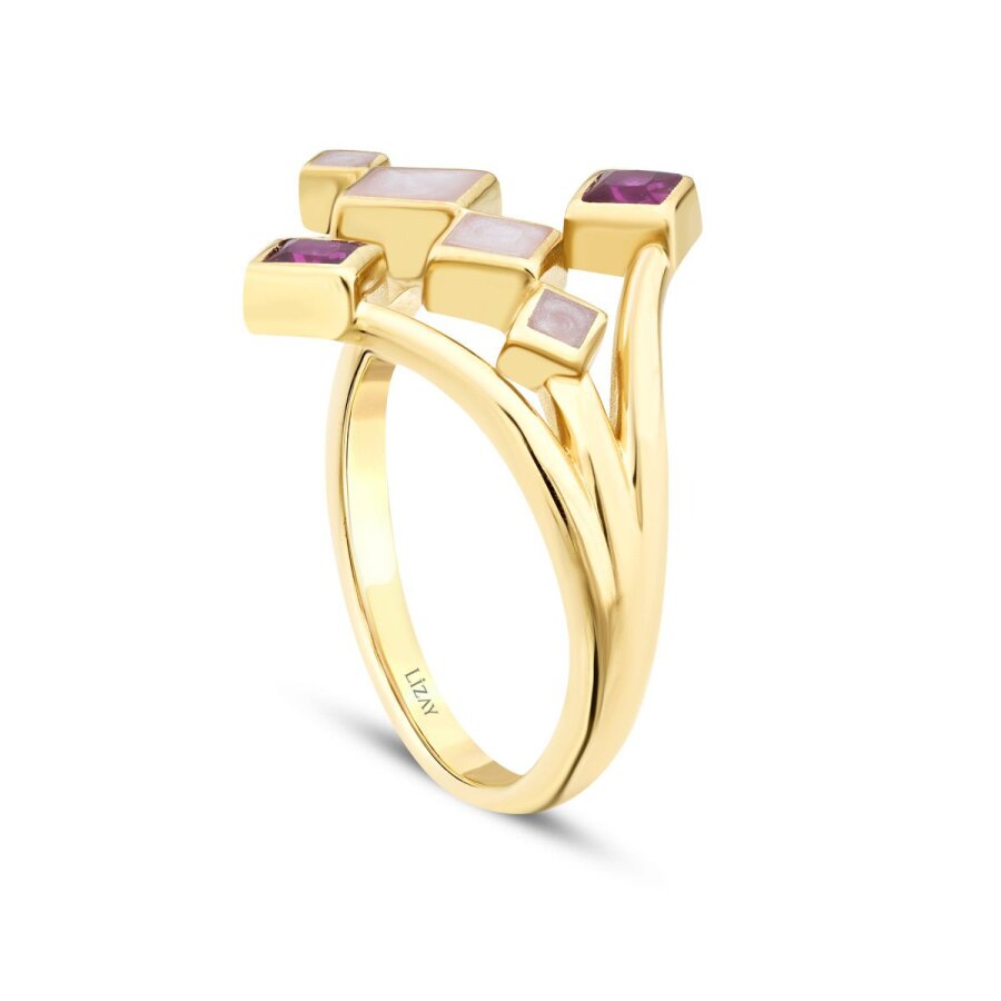 Gold Fuschia Stone White Enamel Geometric Trend Ring