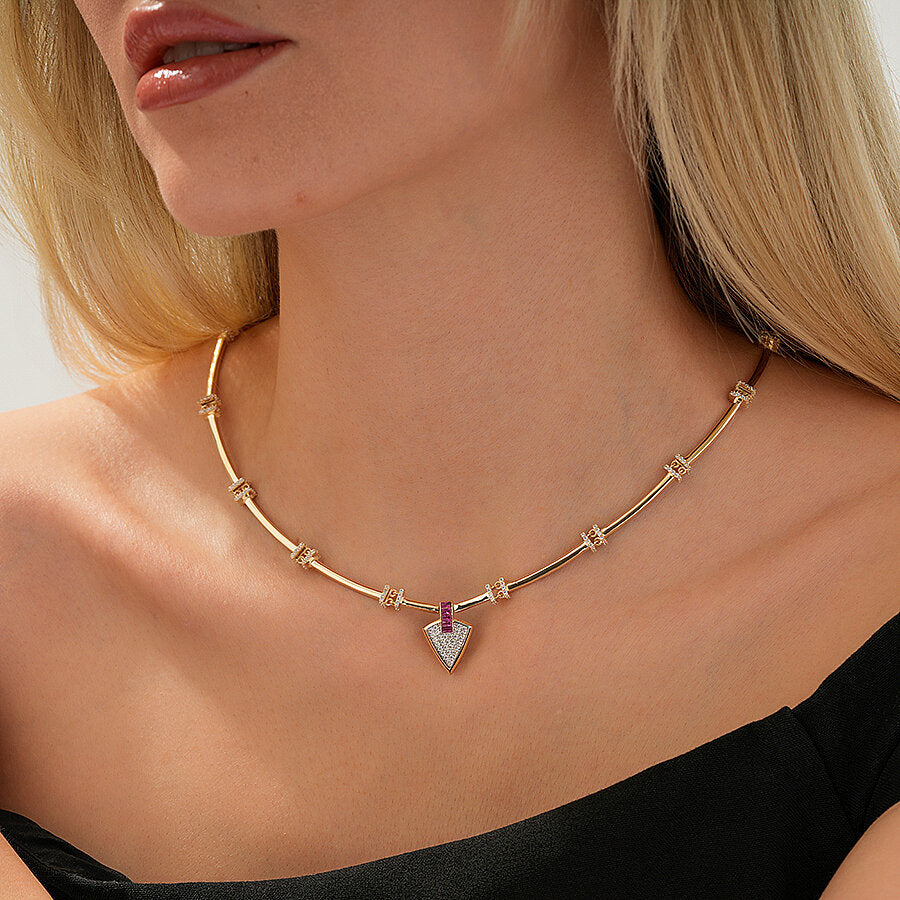 Gold Fuchsia Stone Triangle Trend Necklace
