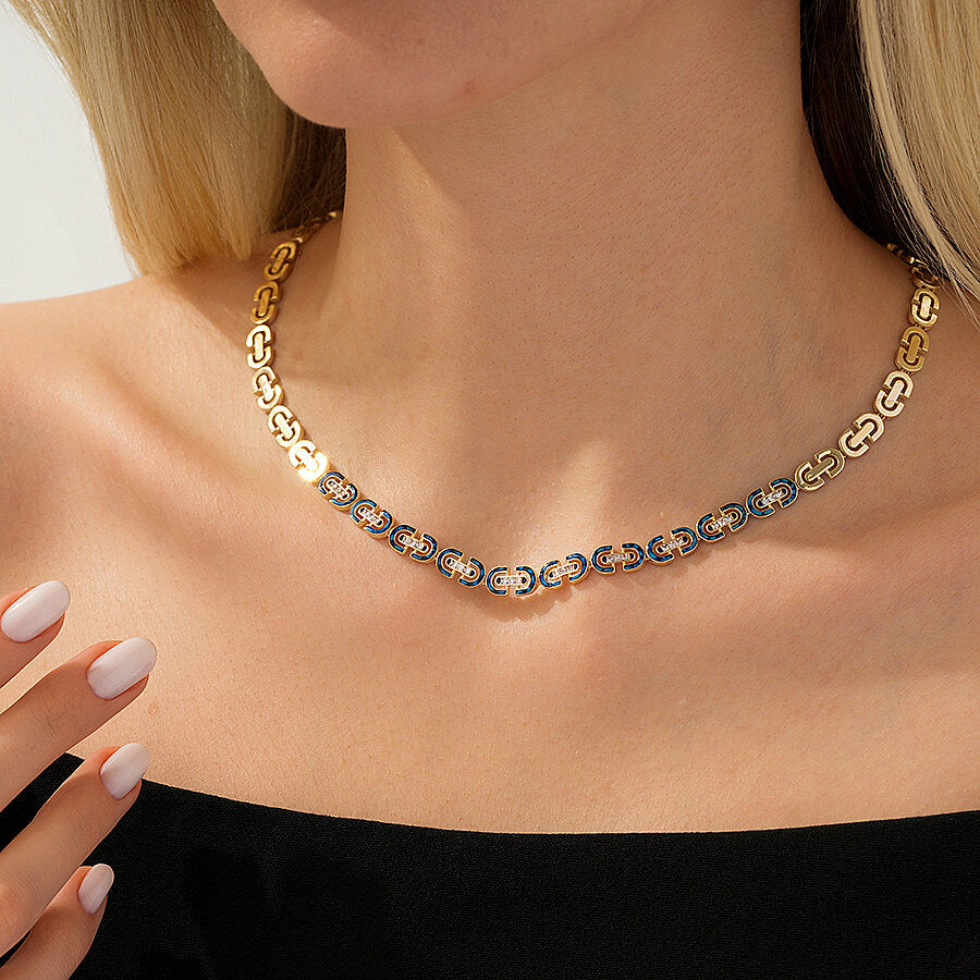 Gold Navy Blue Enamel Stone Trend Necklace