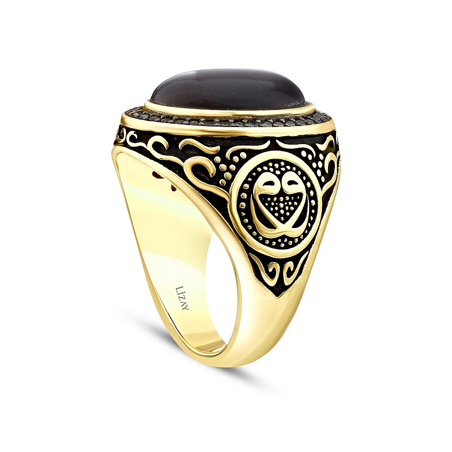 Gold Gray Cat's Eye with Ottoman Seal Men's Ring