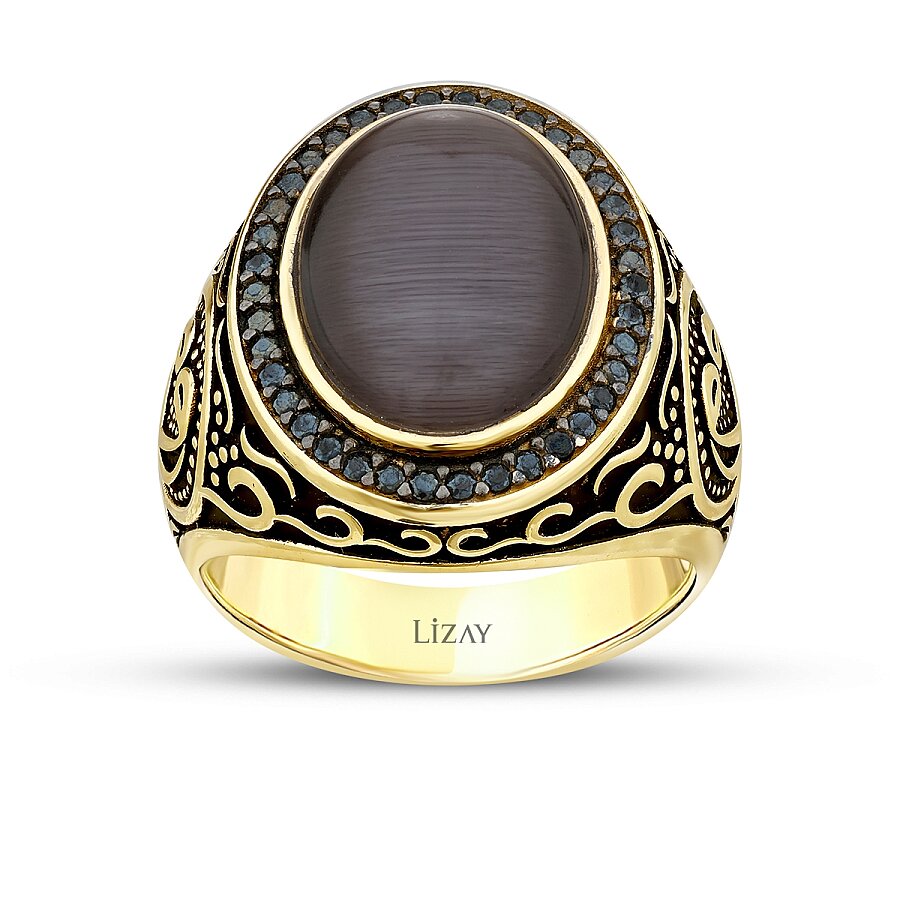 Gold Gray Cat's Eye with Ottoman Seal Men's Ring