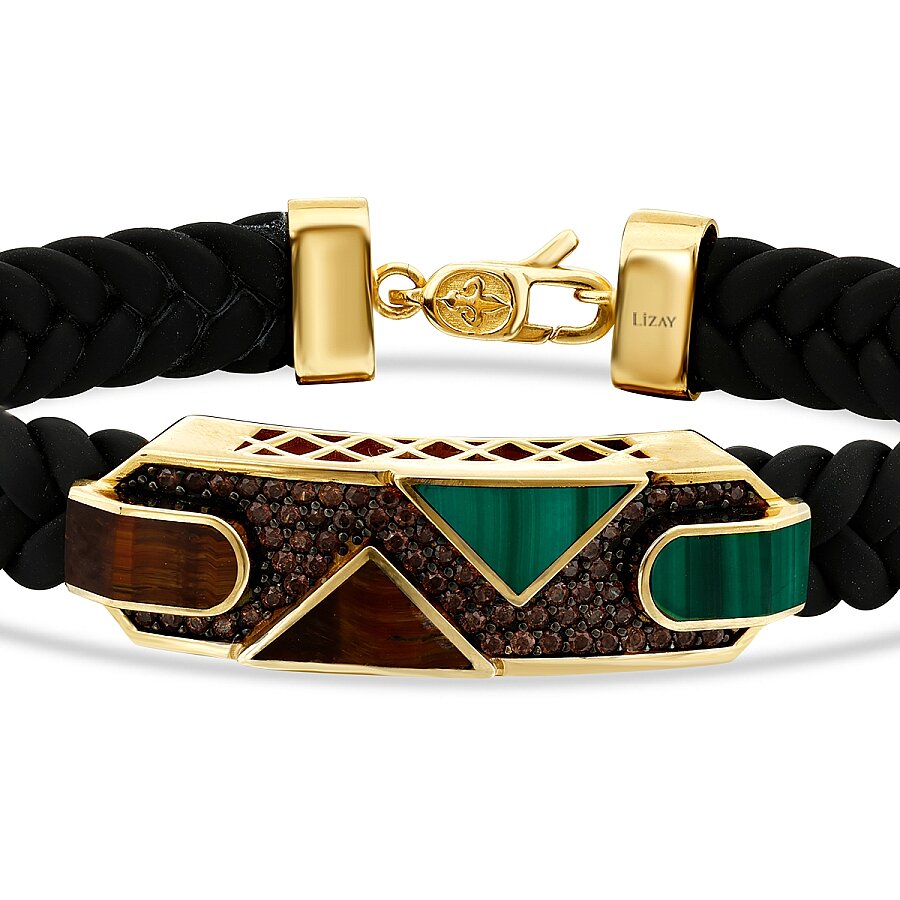 Gold, Brown, and Green Stone Black Men's Bracelet