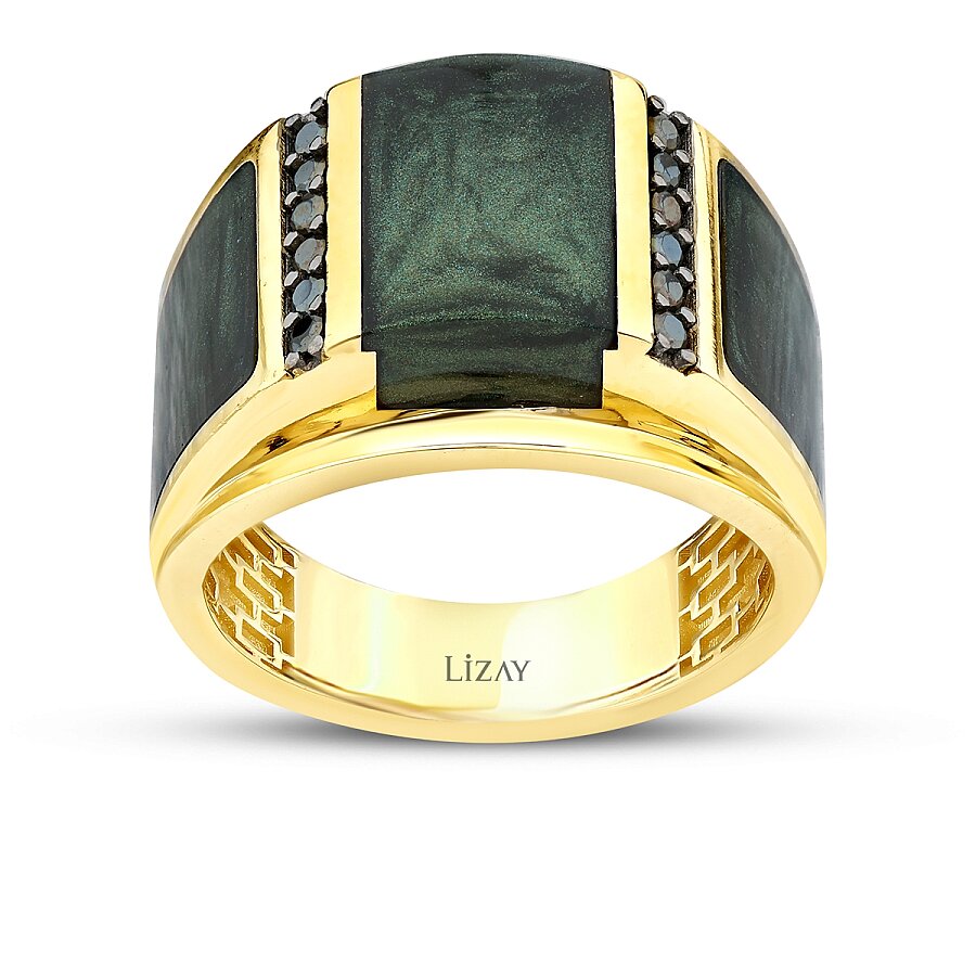 Gold Green Mother-of-Pearl Enamel Men’s Ring