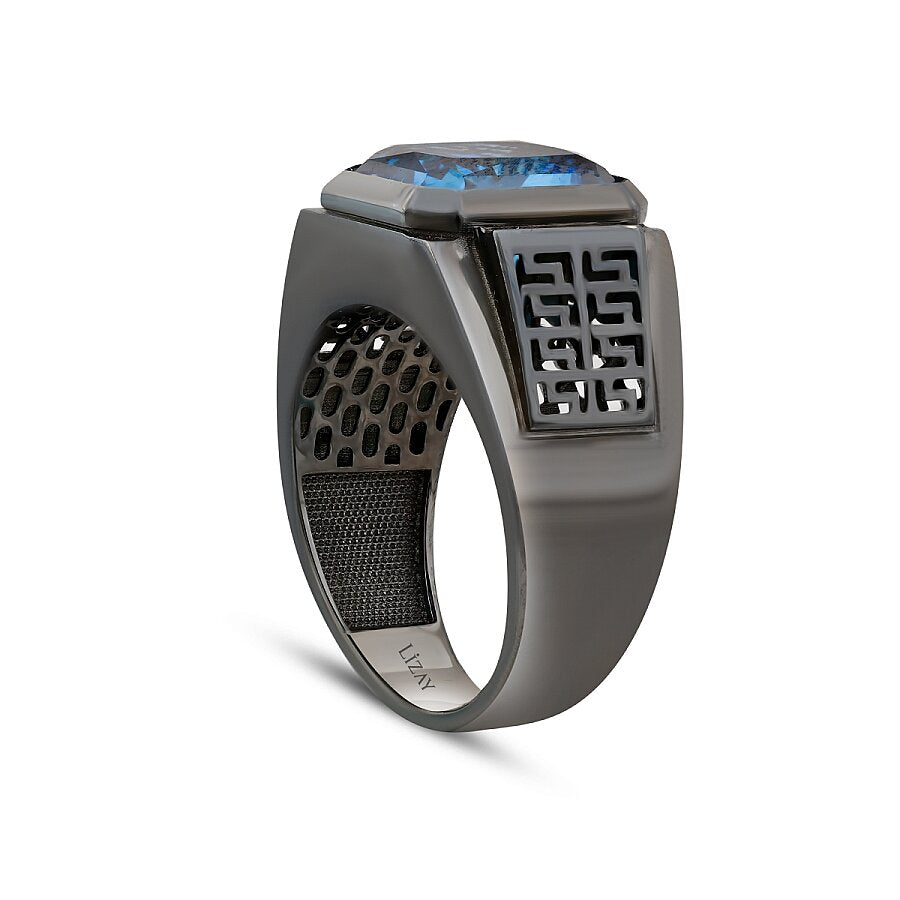 Gold Blue Onyx Black Stone Men's Ring