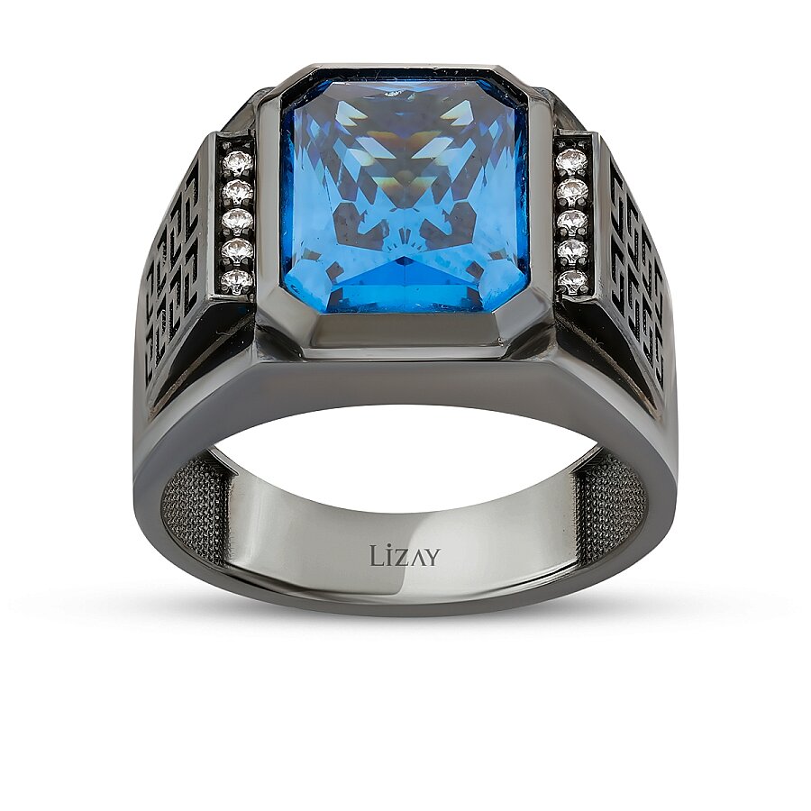 Gold Blue Onyx Black Stone Men's Ring