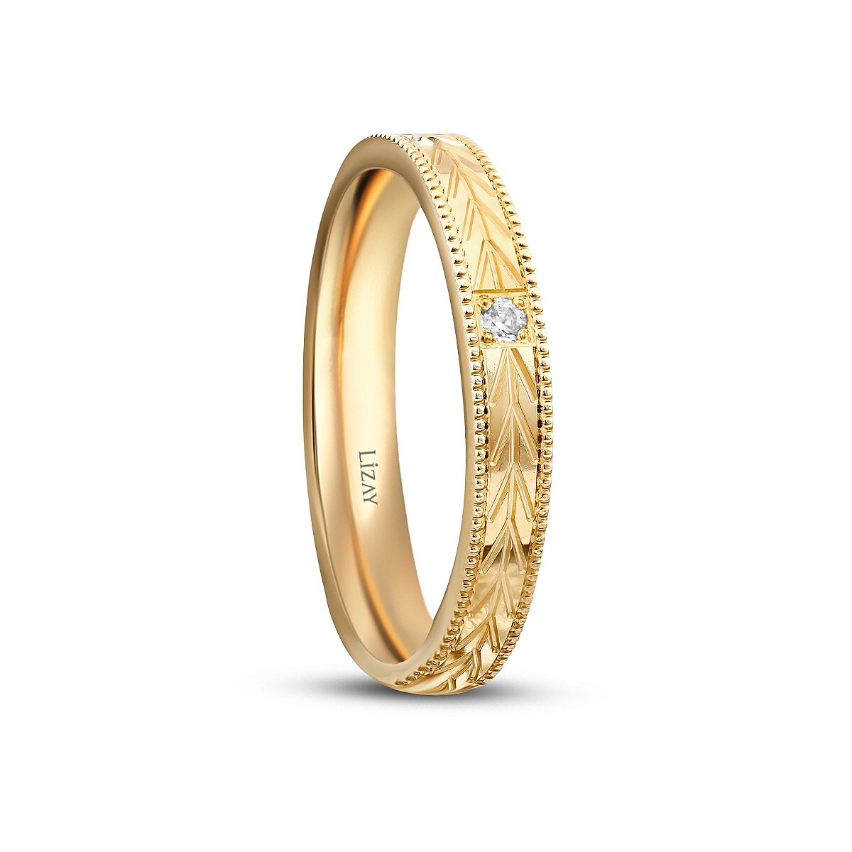 Men's Wheat Engraved Gold Wedding Band
