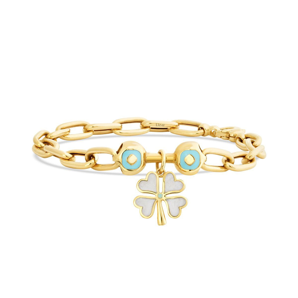 Gold White and Blue Enamel Clover Bracelet