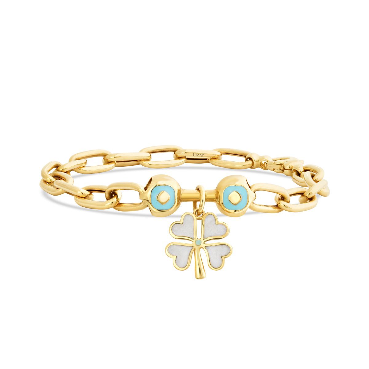 Gold White and Blue Enamel Clover Bracelet
