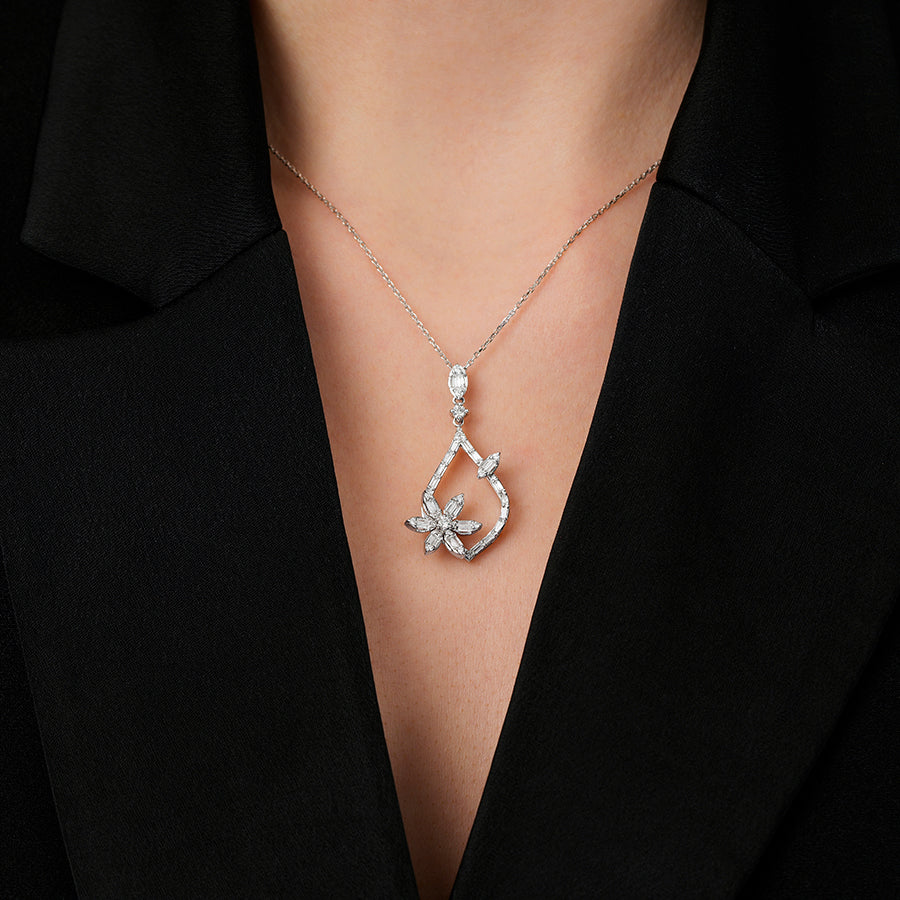 0.62 Carat Diamond Baguette Flower Necklace
