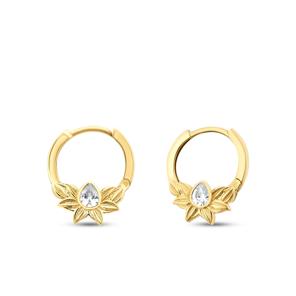 Gold Stone Lotus Hoop Earrings