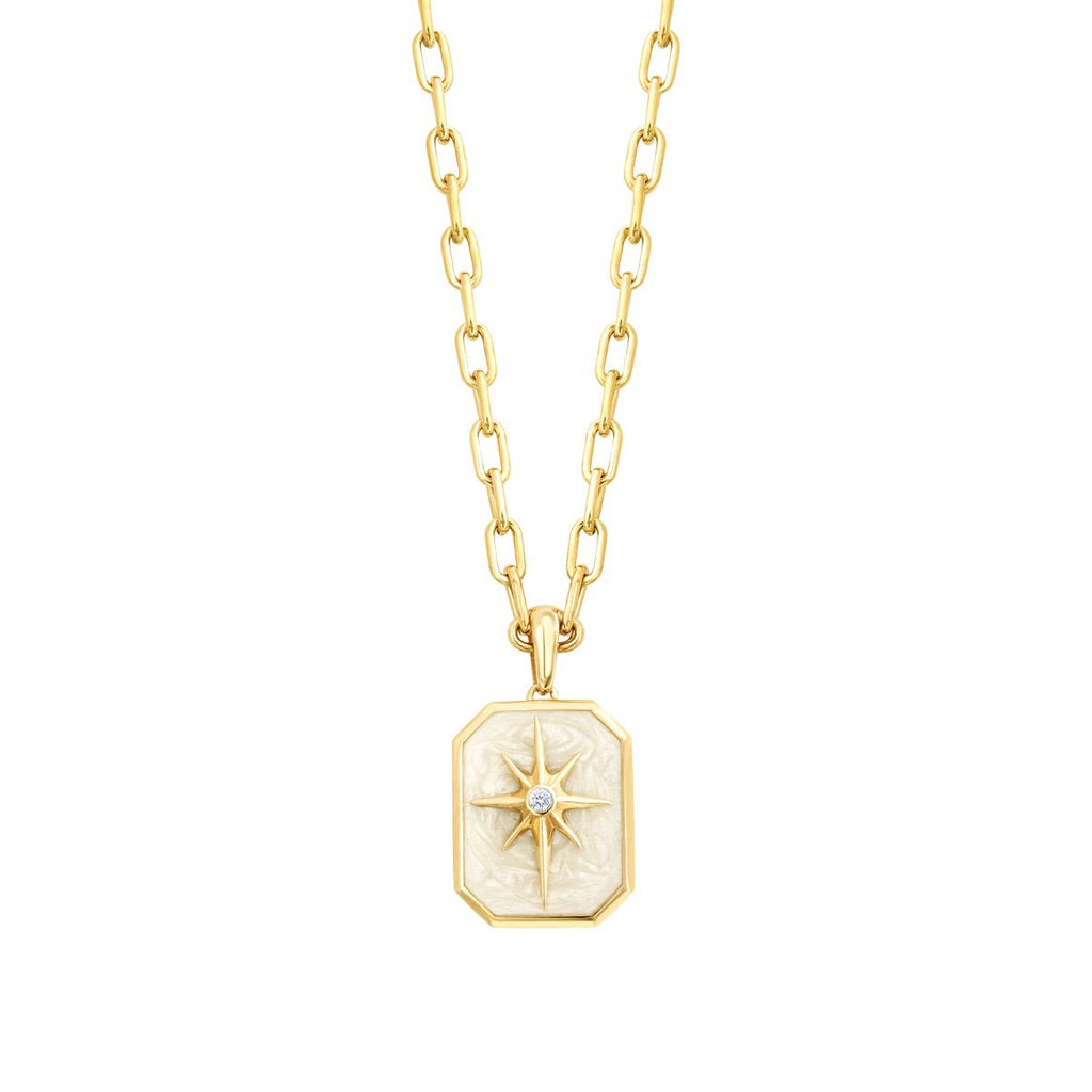 Gold Stone White Enamel North Star Plate Necklace